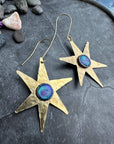 Celestial Star Earrings, Hammered Brass Dangle, Modern Cosmi