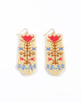 Beaded Handwoven Vintage Flower Fringe Earrings (Cream/Green