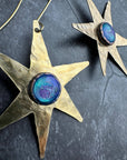 Celestial Star Earrings, Hammered Brass Dangle, Modern Cosmi