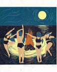 Bonfire Night card, beach, moon, dance, women, friends, fire
