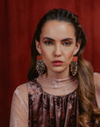 Beaded Handwoven Damask Fringe Earrings (Olive)