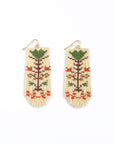 Beaded Handwoven Vintage Flower Fringe Earrings (Cream/Green