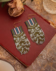Beaded Handwoven Damask Fringe Earrings (Olive)