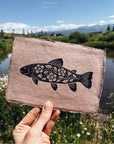 5x7 Folk Floral River Trout Block Print on Clay Handmade