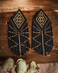 Beaded Handwoven Tribal Diamond Fringe Earrings (Black/Gold)