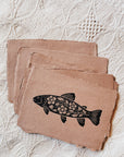 5x7 Folk Floral River Trout Block Print on Clay Handmade