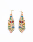 Beaded Handwoven Wildflower Fringe Earrings (Tan)