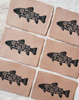5x7 Folk Floral River Trout Block Print on Clay Handmade
