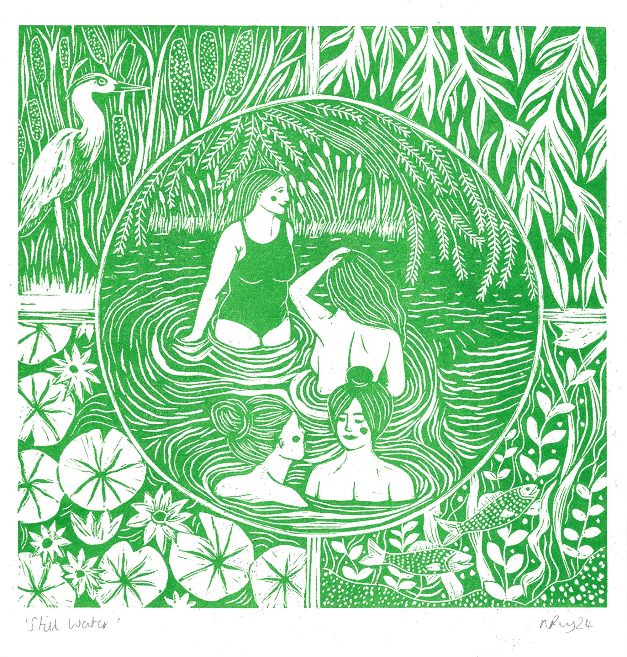 Still Water riso print, wild swim, rivers, nature, herons