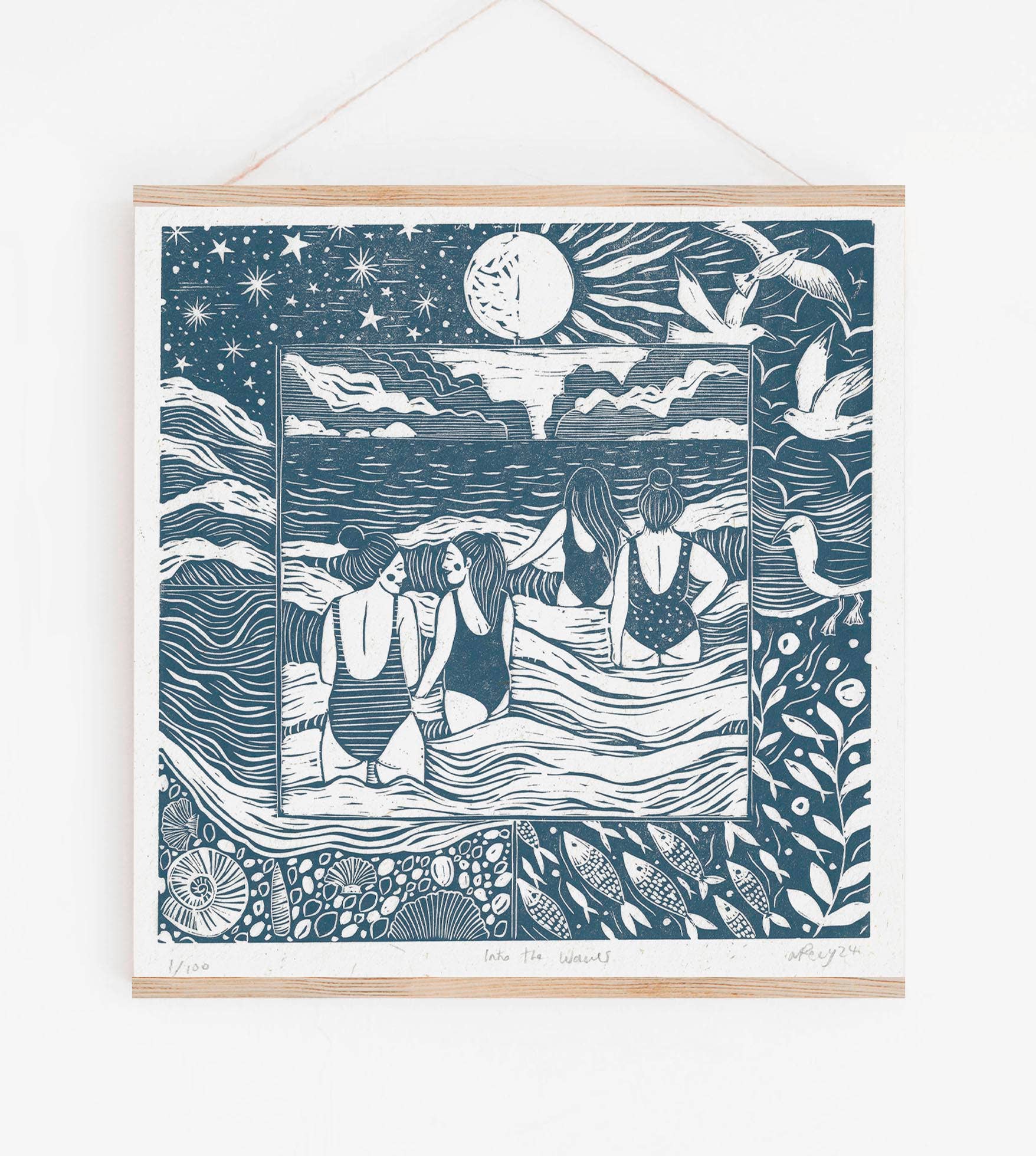 Prints by the Bay - Into the Waves linoprint