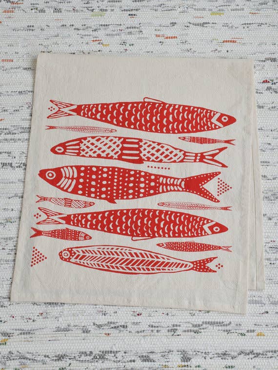 Sardines Tea Towel in Red - Organic Cotton - Fish Print