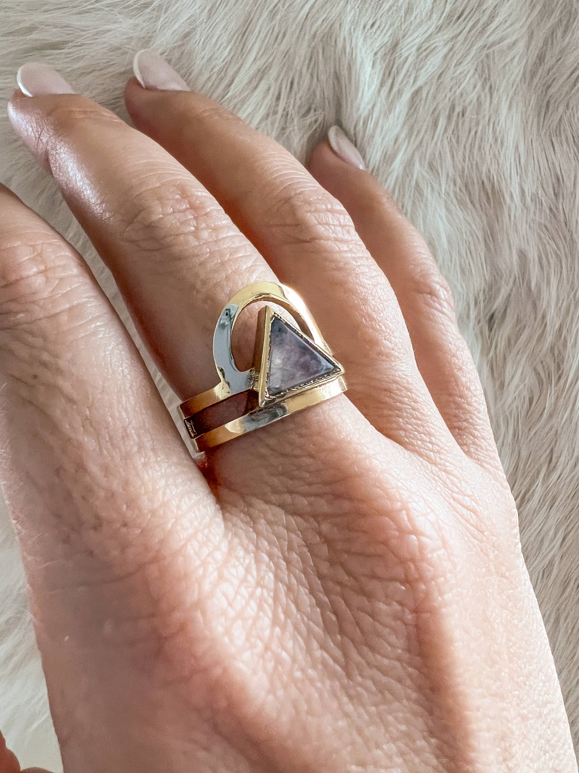 Brass Moonstone Trikona Ring