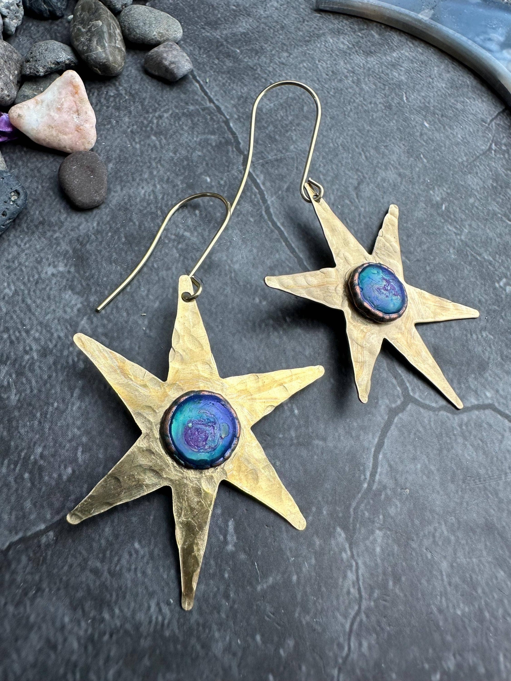 Celestial Star Earrings, Hammered Brass Dangle, Modern Cosmi