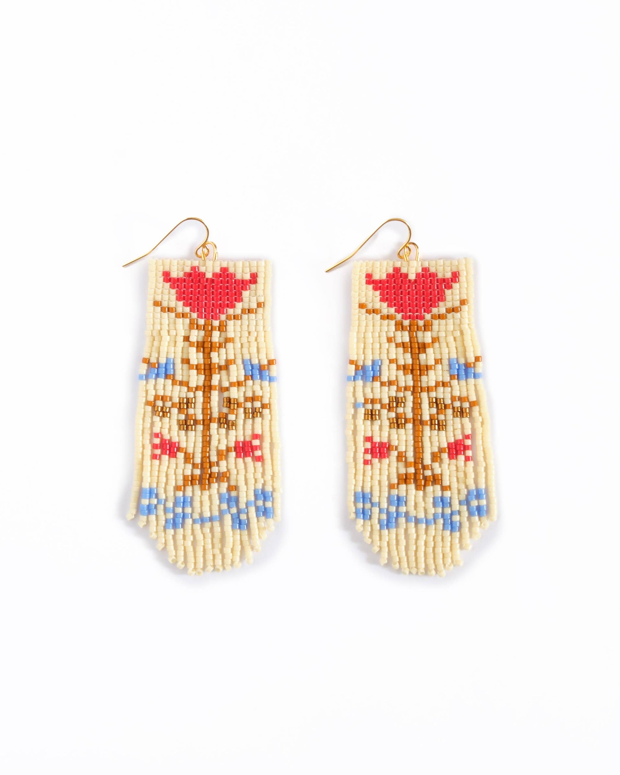 Beaded Handwoven Vintage Flower Fringe Earrings (Cream/Green