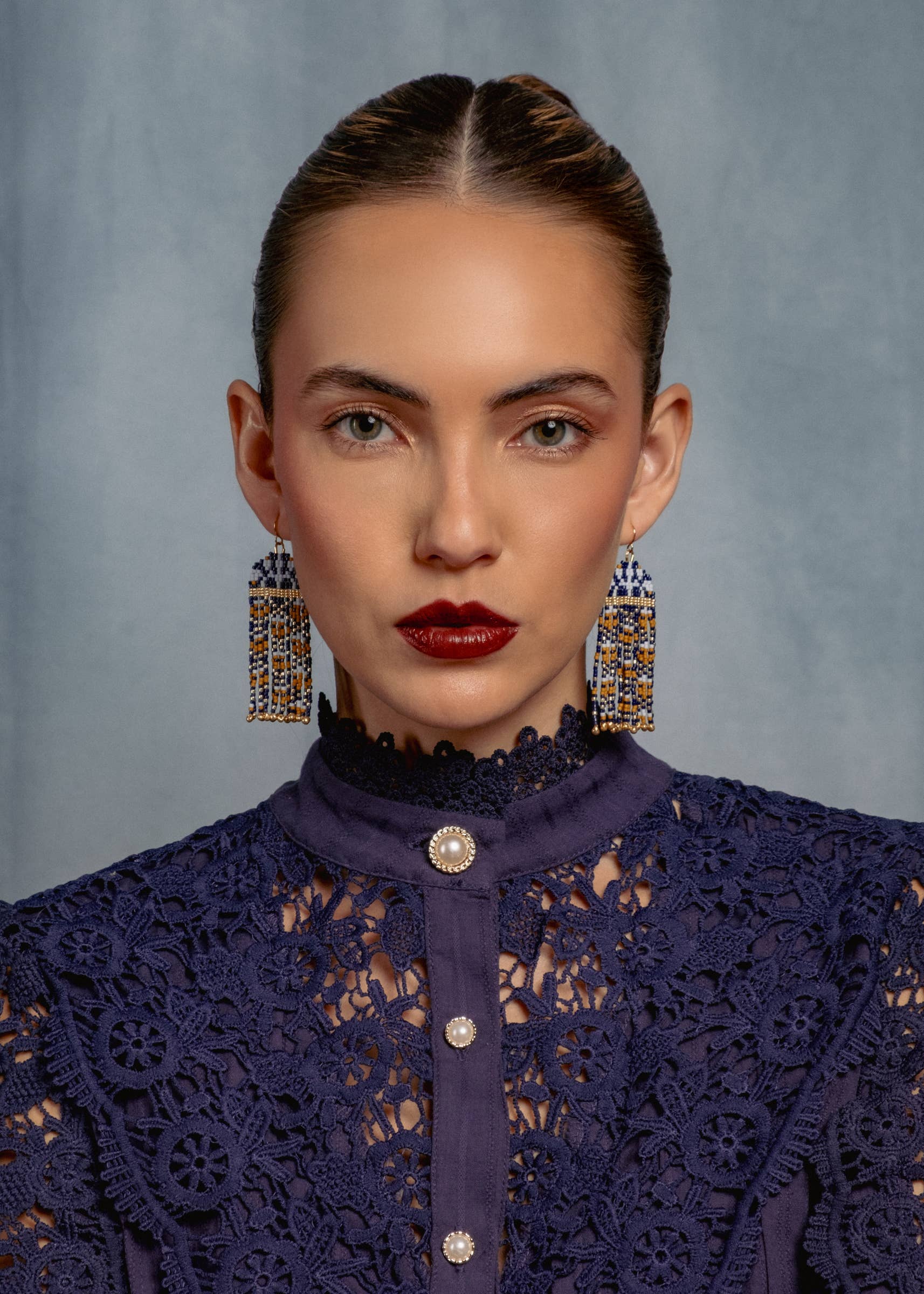 Beaded Handwoven Brocade Garden Earrings (Brown/Red)