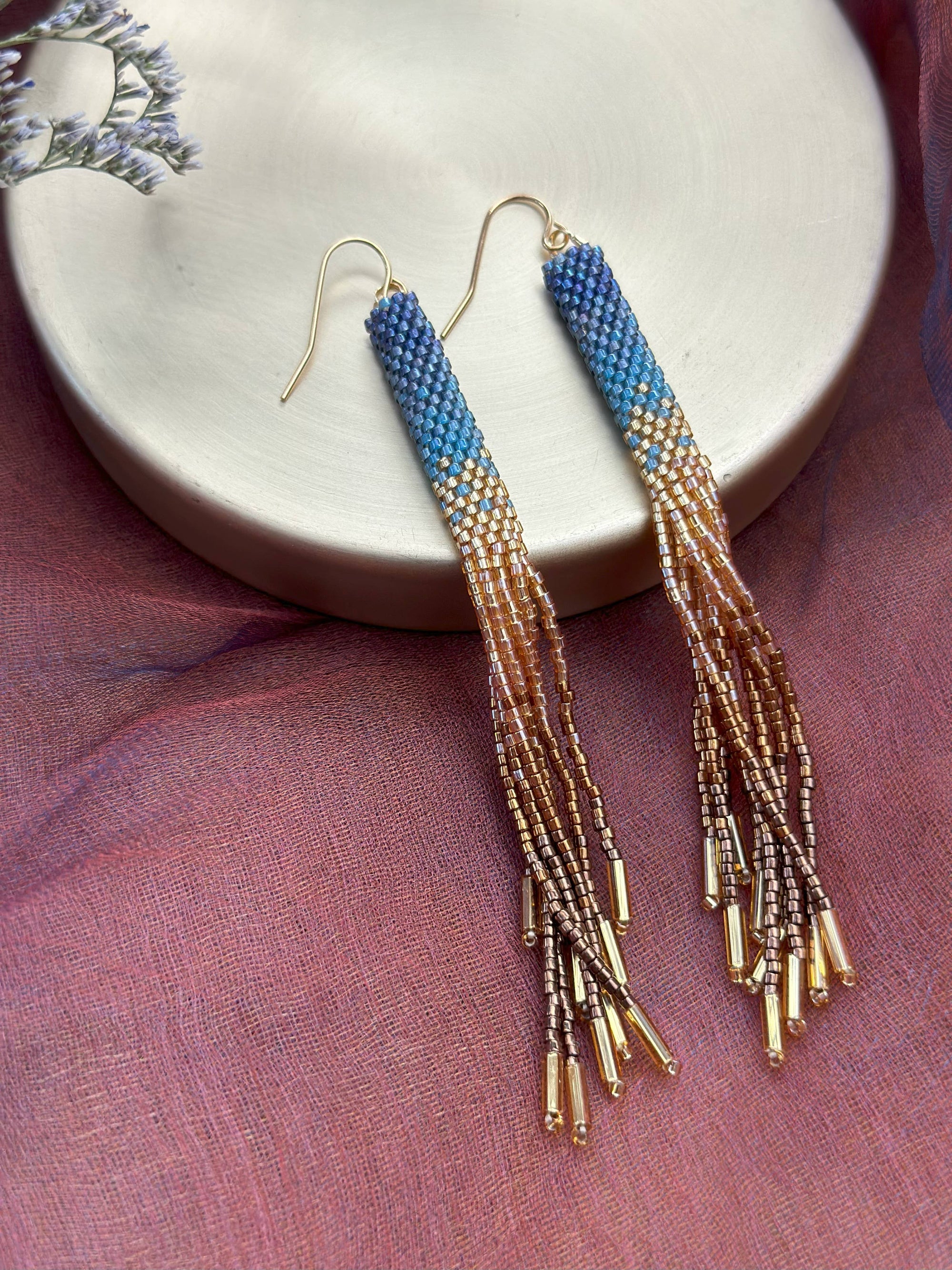 Beaded Handwoven Ombre Tassel Earrings (Violet)