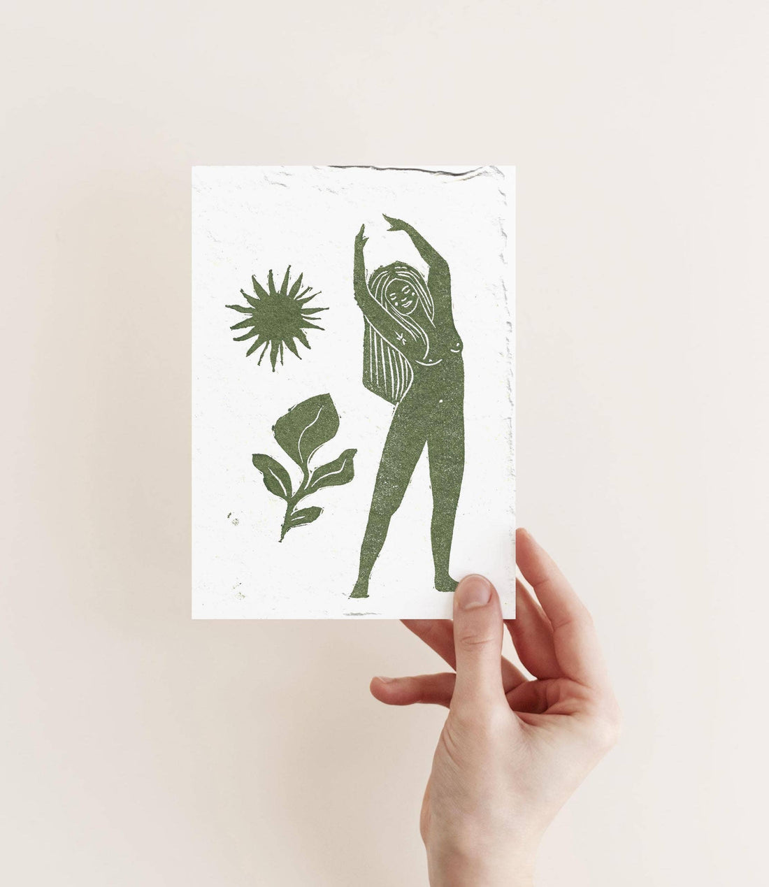 Prints by the Bay - Goddess Affirmation Block Print Postcards: Yoga Goddess / Tonal postcard / Sage Green