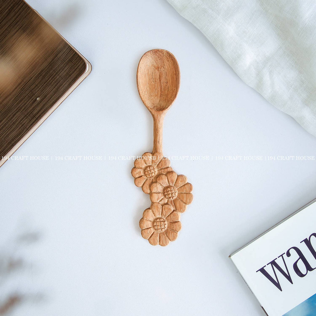Hand Carved One Flower-Shape Handle Wooden Spoon
