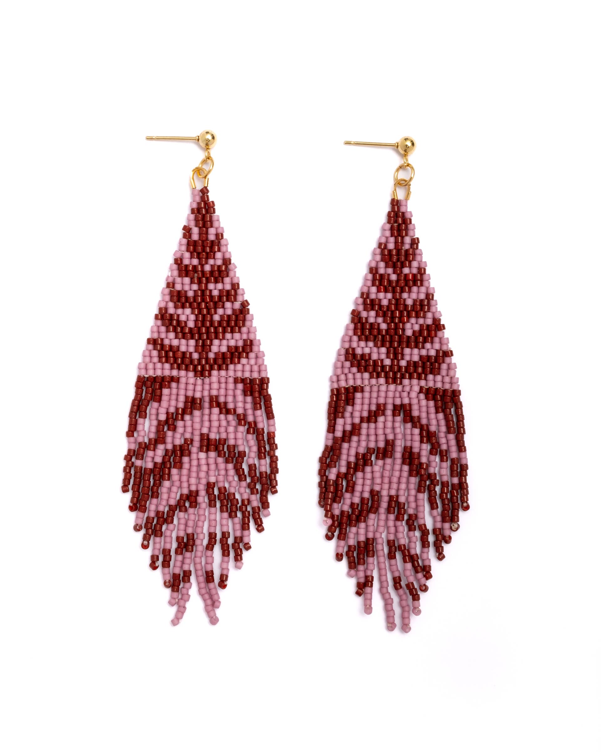 Beaded Handwoven Vine Fringe Earrings (Pink/Mustard)