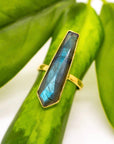 Long Brass Labradorite Bar Ring