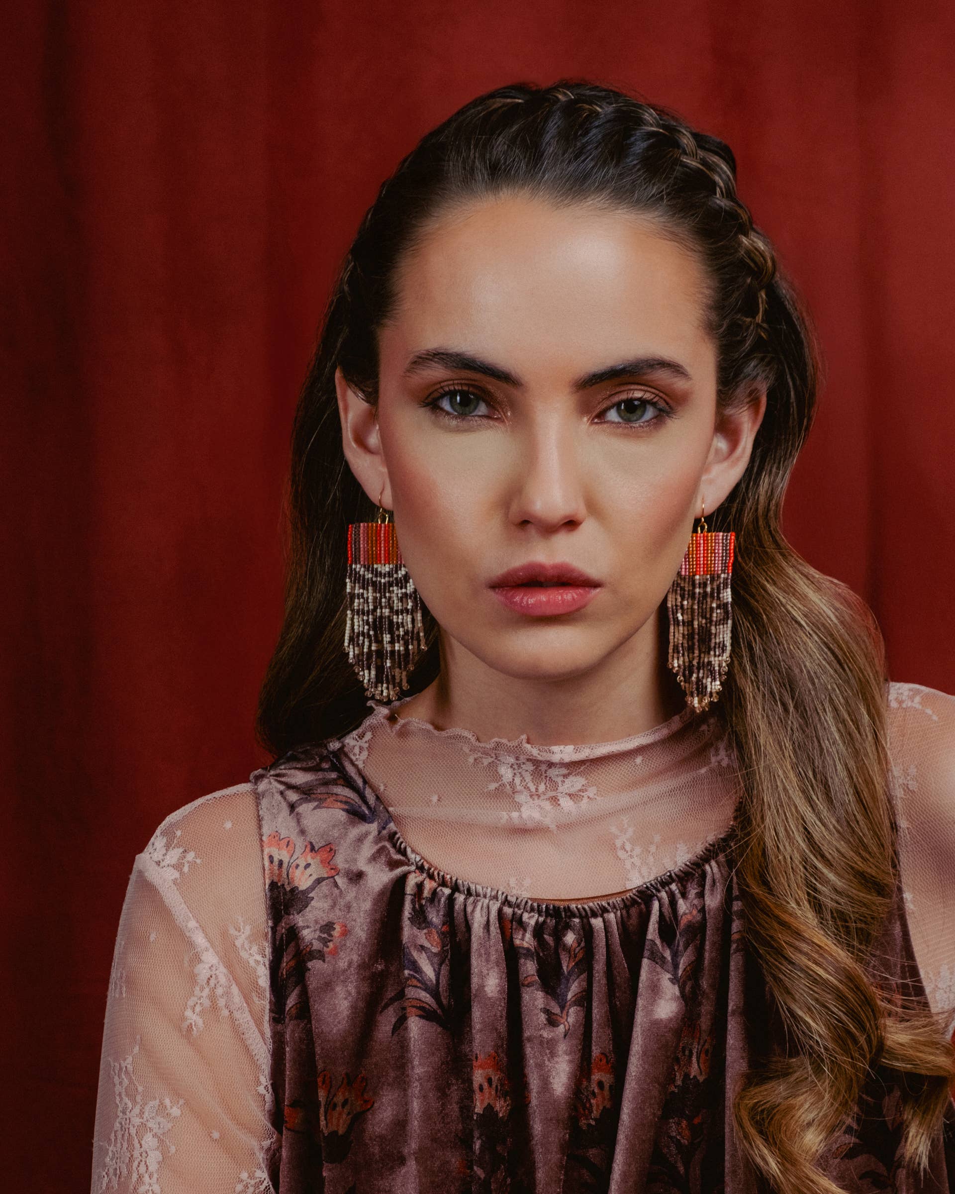Beaded Handwoven Damask Fringe Earrings (Olive)
