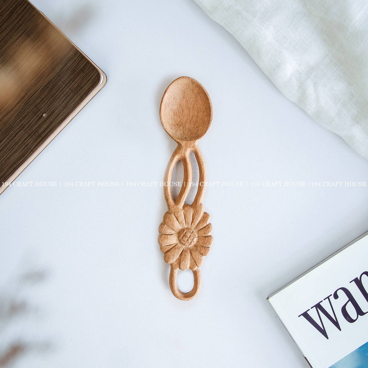 Hand Carved One Flower-Shape Handle Wooden Spoon