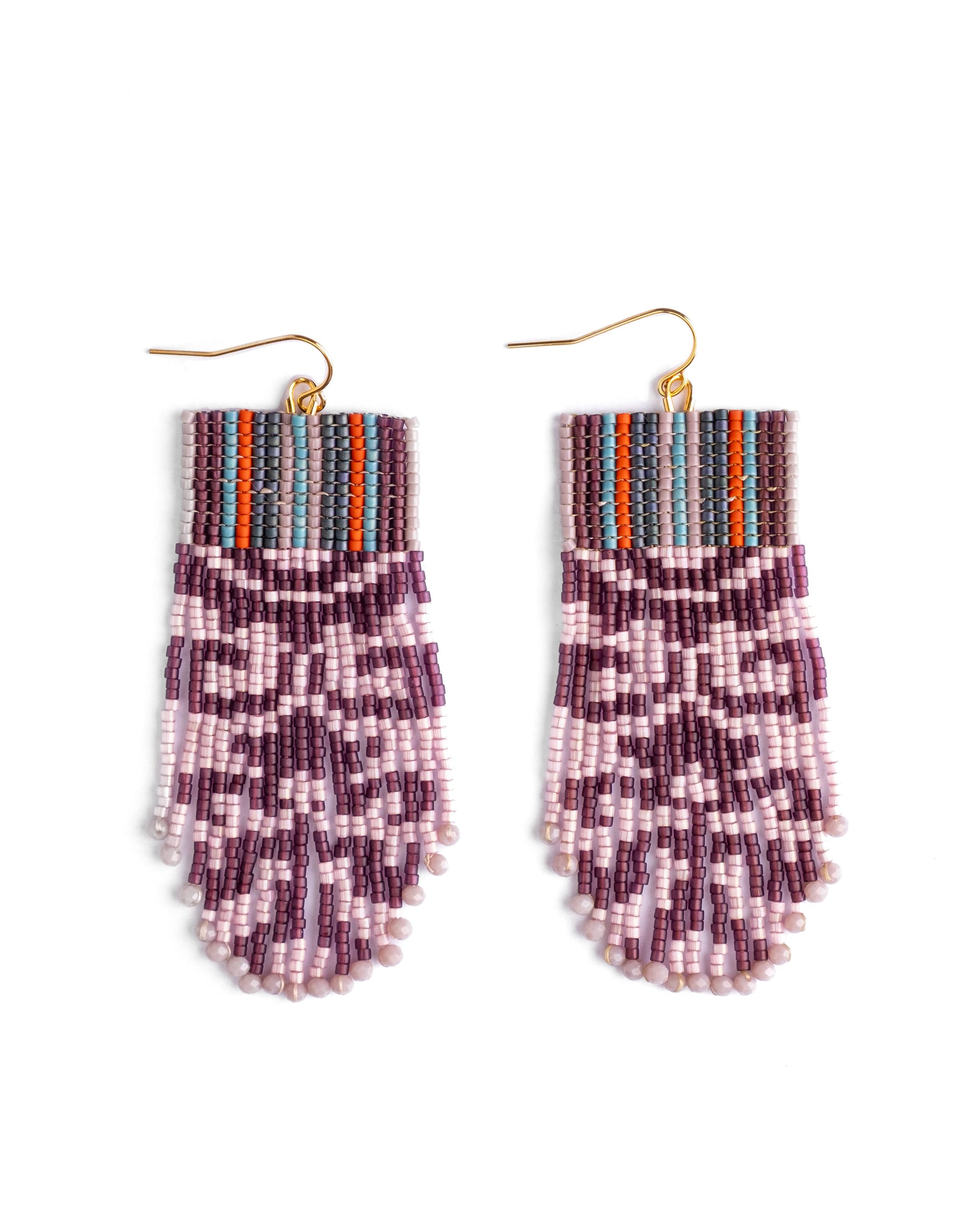 Beaded Handwoven Damask Fringe Earrings (Olive)