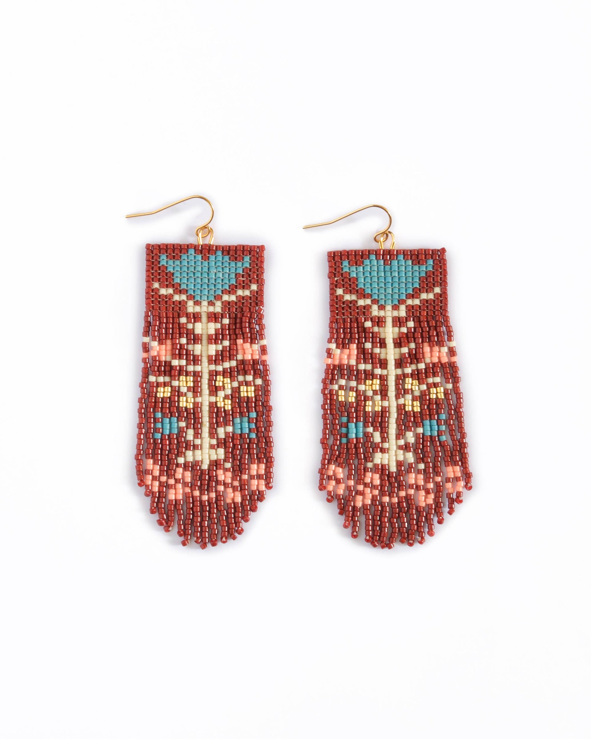 Beaded Handwoven Vintage Flower Fringe Earrings (Cream/Green