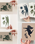 Prints by the Bay - Goddess Affirmation Block Print Postcards: Yoga Goddess / Tonal postcard / Sage Green