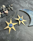 Celestial Star Earrings, Hammered Brass Dangle, Modern Cosmi