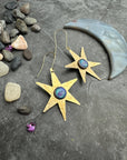 Celestial Star Earrings, Hammered Brass Dangle, Modern Cosmi