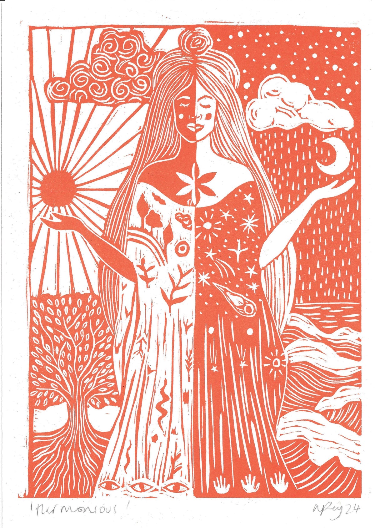 Harmonious riso print, hippy art, mother earth, boho, gaia