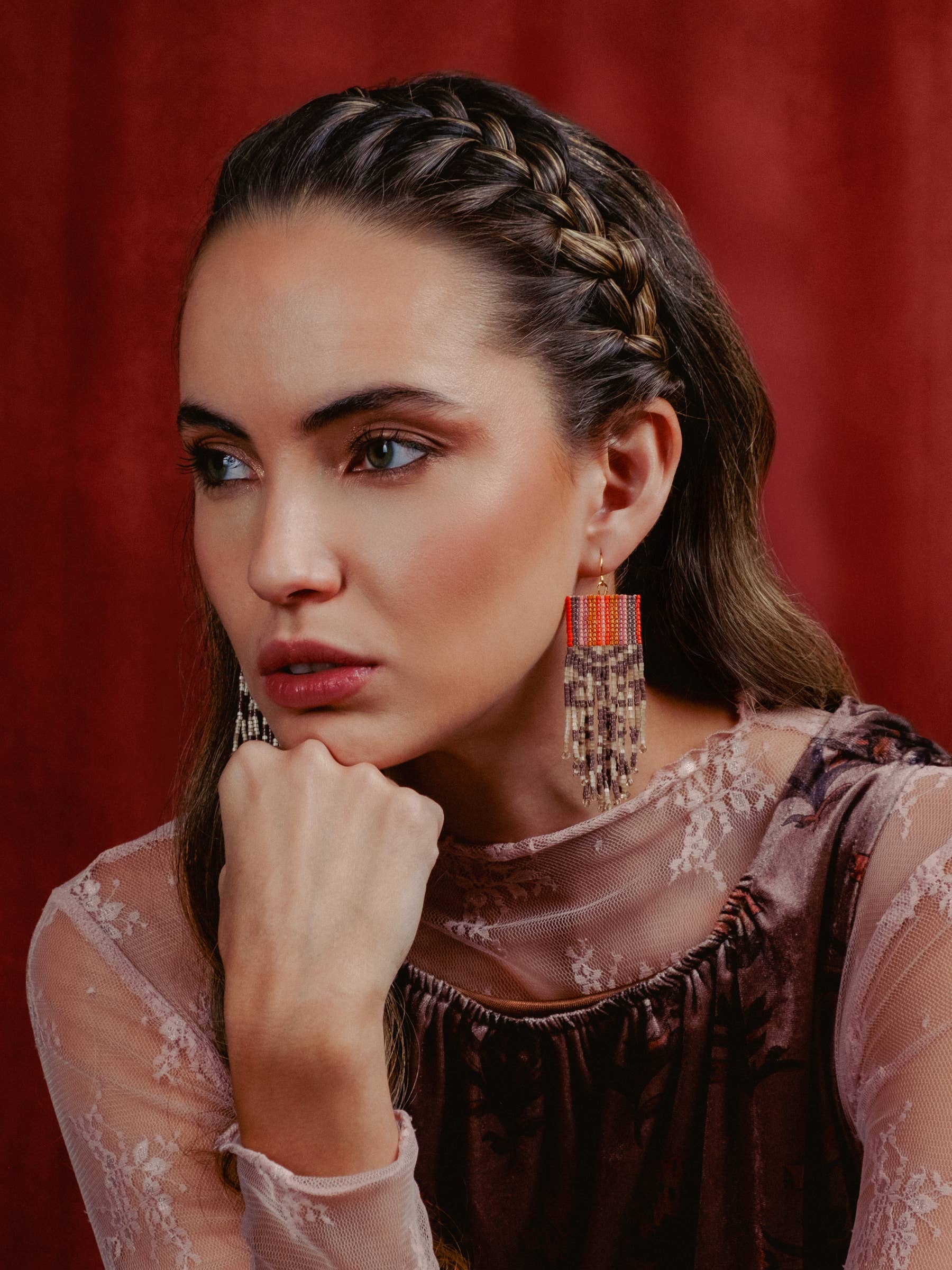 Beaded Handwoven Damask Fringe Earrings (Olive)