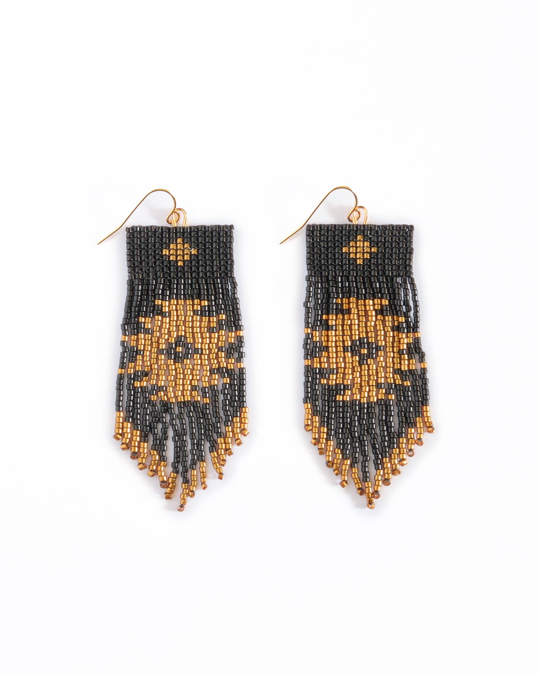 Beaded Handwoven Tribal Fringe Earrings (Aqua/Black)
