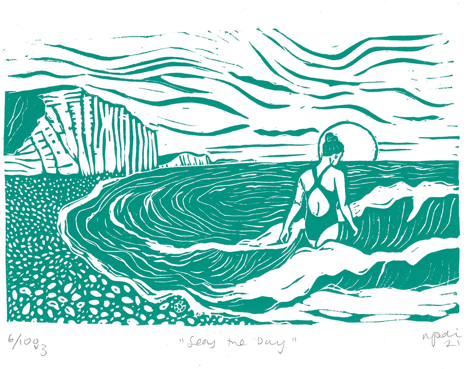 Seas the Day print, swimmer, woman, sea, waves, seaside
