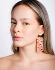 Beaded Handwoven Poppy Flower Fringe Earrings (Cream/Pink)