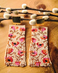 Beaded Handwoven Poppy Flower Fringe Earrings (Cream/Pink)