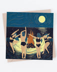 Bonfire Night card, beach, moon, dance, women, friends, fire