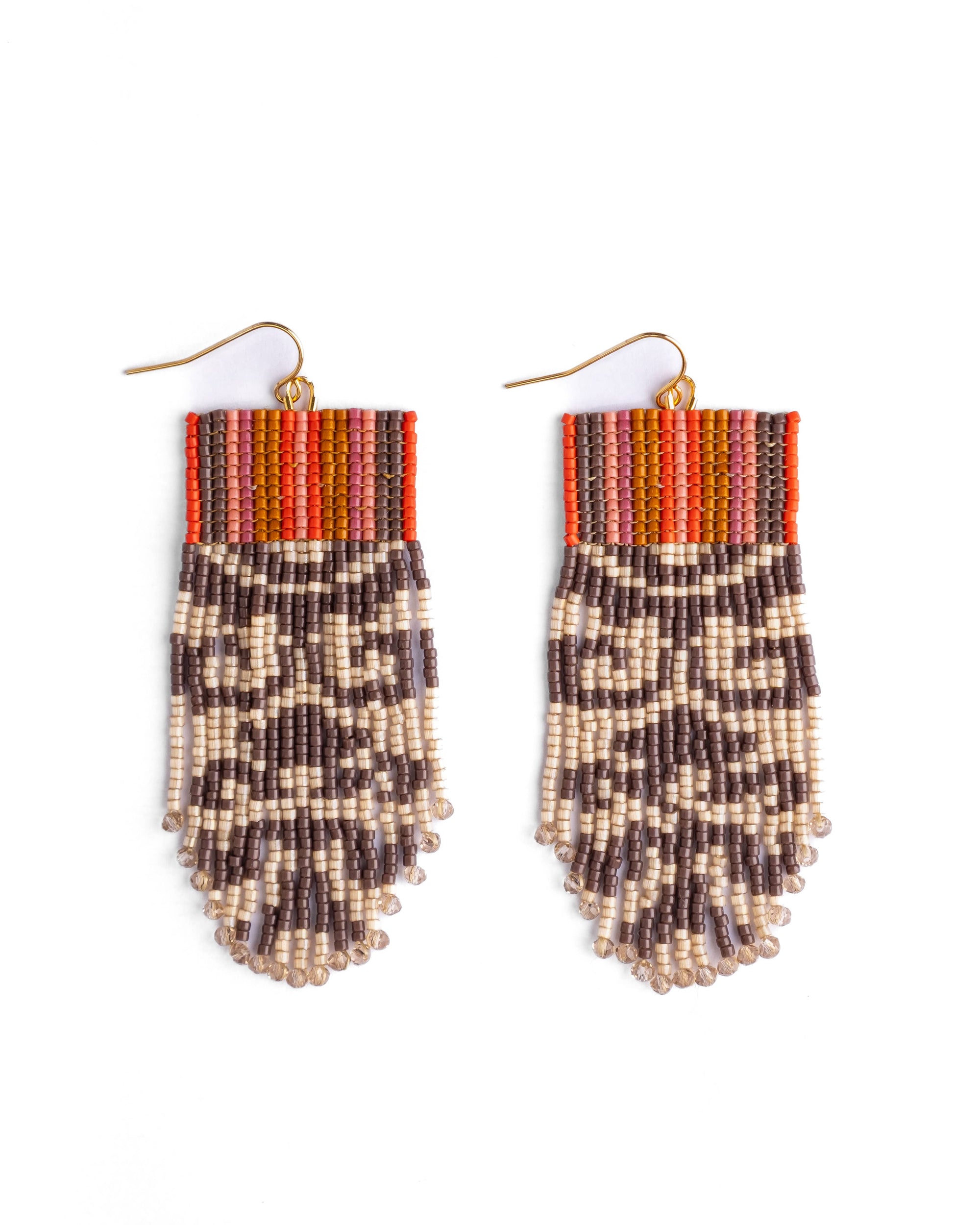 Beaded Handwoven Damask Fringe Earrings (Olive)