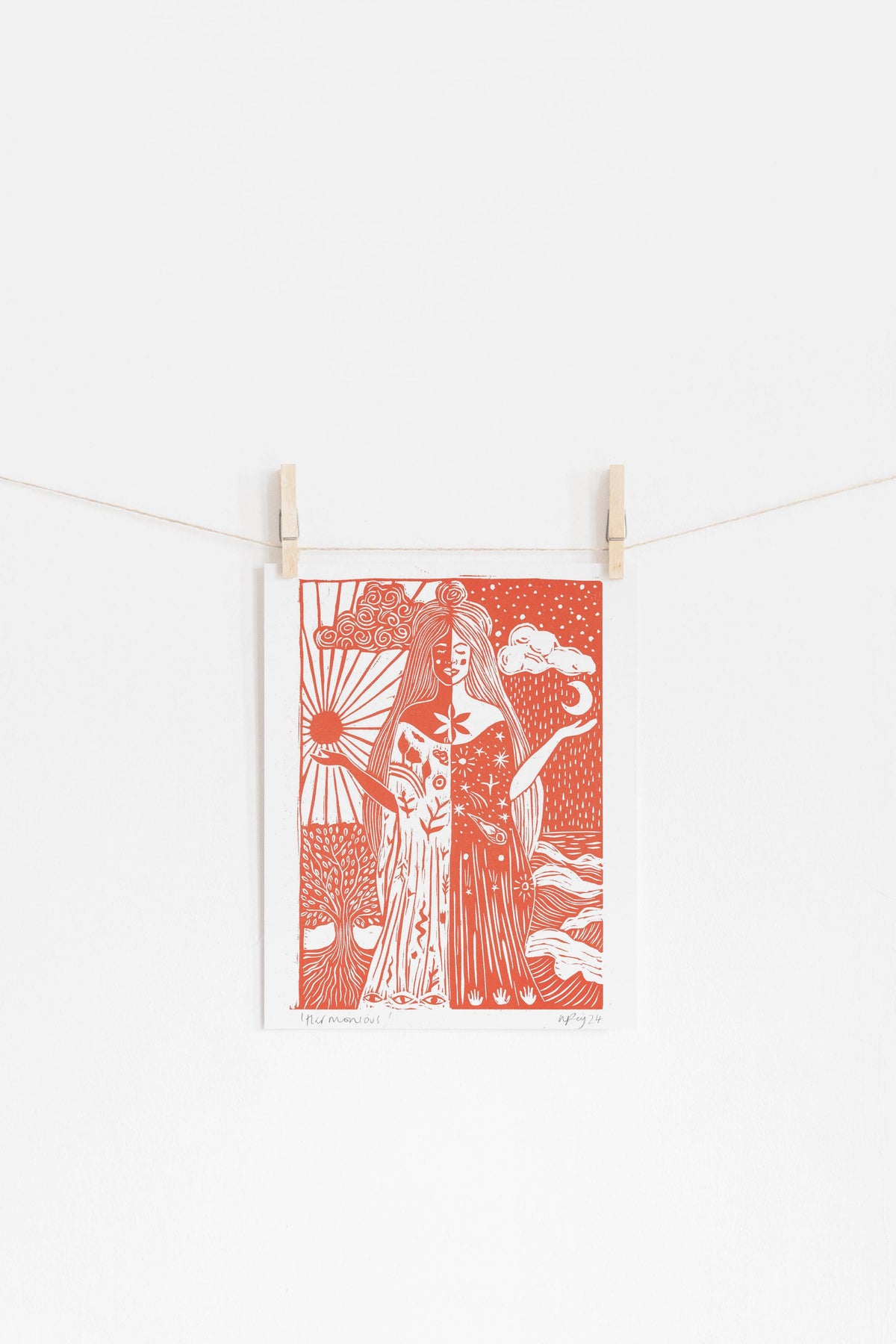 Harmonious riso print, hippy art, mother earth, boho, gaia