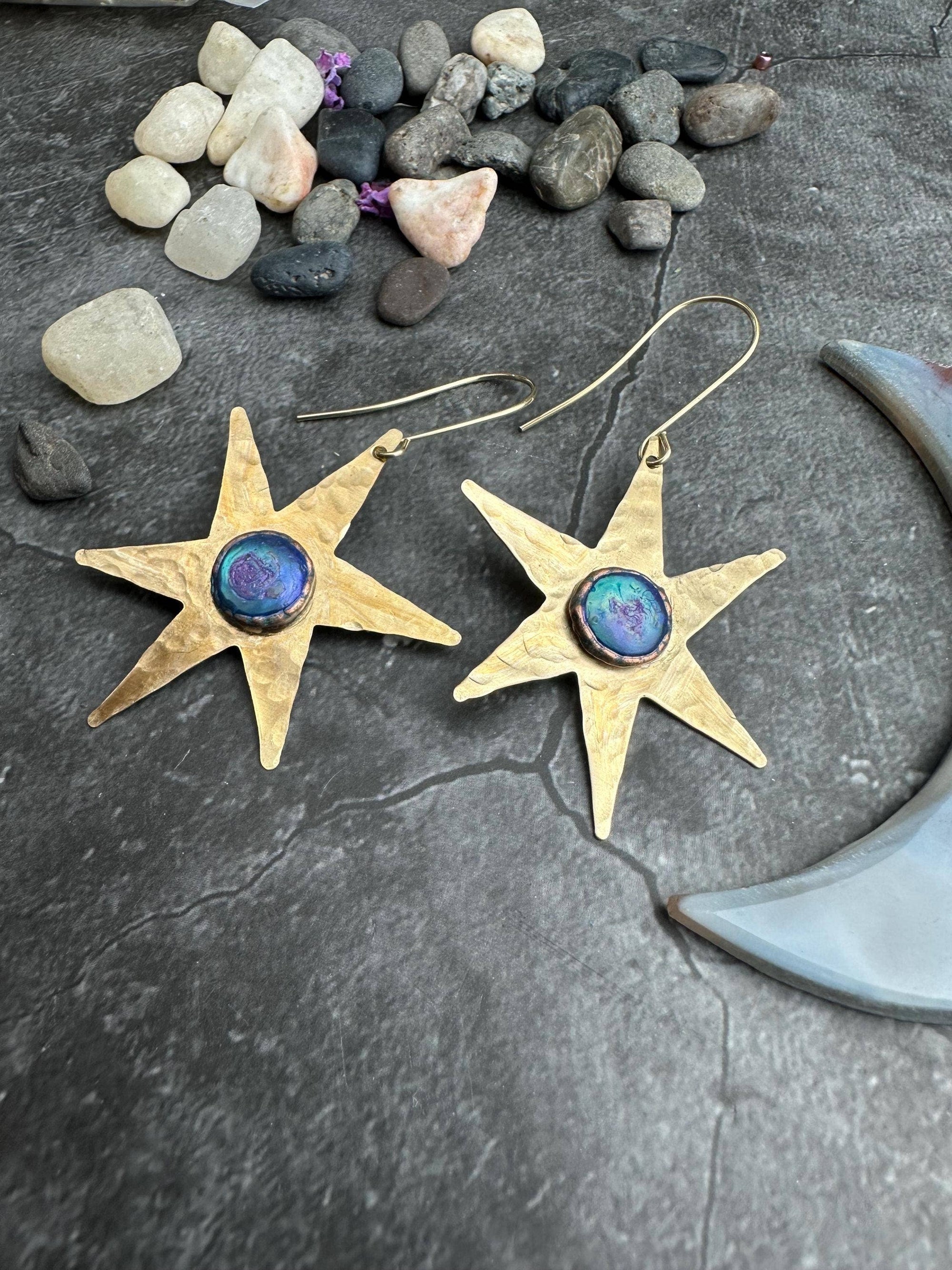 Celestial Star Earrings, Hammered Brass Dangle, Modern Cosmi