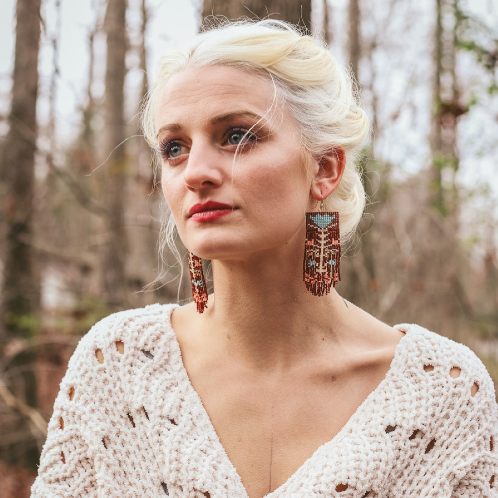 Beaded Handwoven Vintage Flower Fringe Earrings (Cream/Green