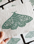 5x7 Seafoam Floral Moth Block Print on Handmade Paper