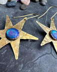 Celestial Star Earrings, Hammered Brass Dangle, Modern Cosmi