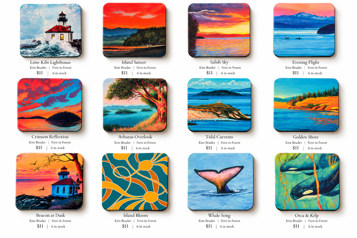 Fern in the Forest art coasters by local painter Kim Bruder