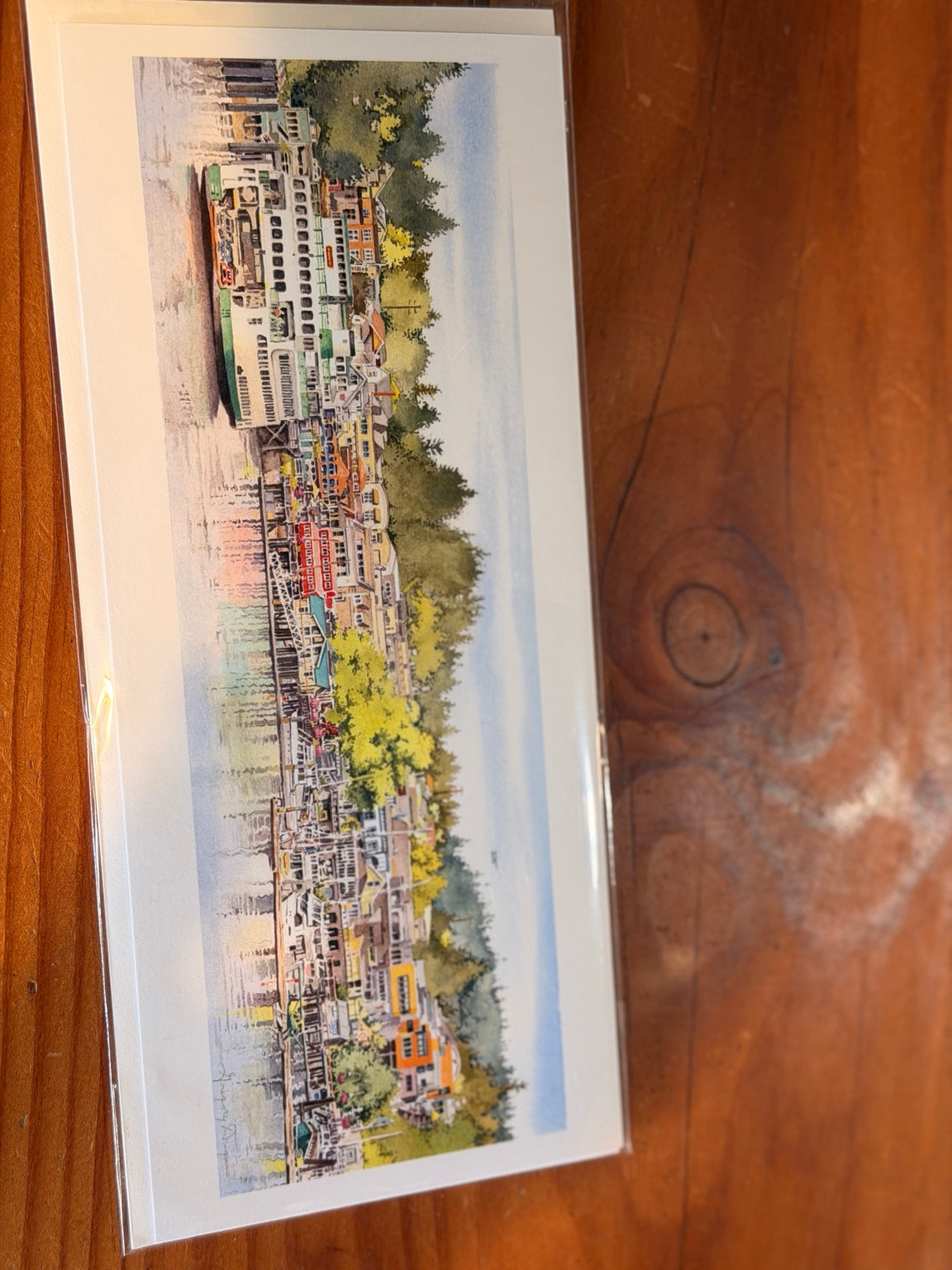 Friday Harbor waterfront watercolor art card by local artist Greg Duncan