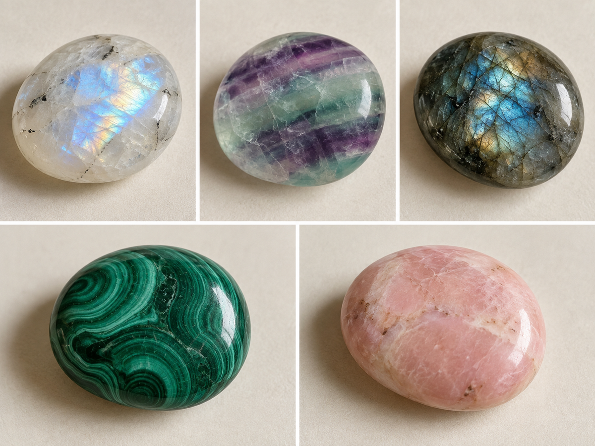 Curated crystal palm stones: rainbow moonstone, fluorite, labradorite, malachite and pink opal