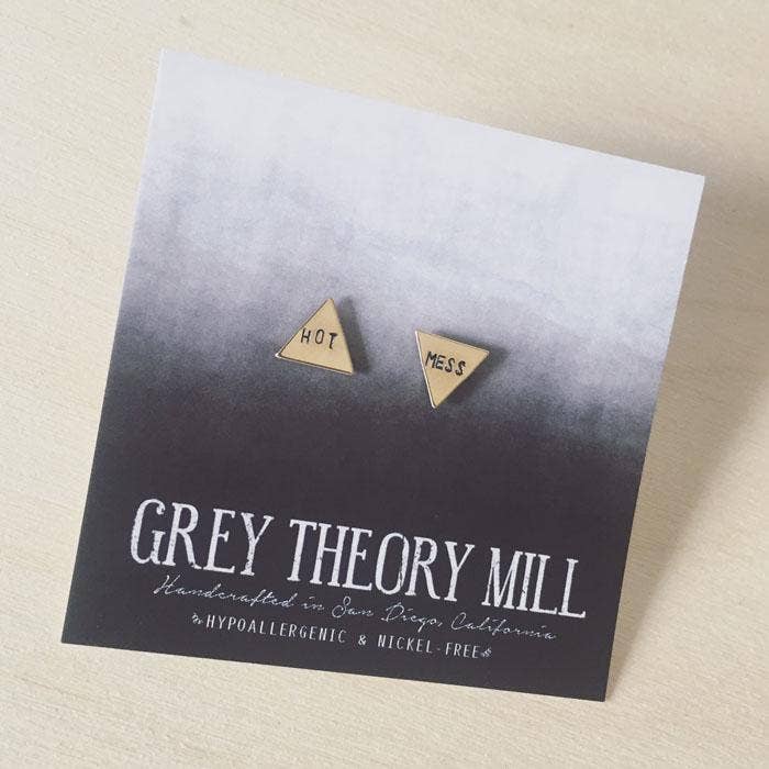 Grey Theory Mill - Hot Mess, Triangle Hand Stamped Earrings | Brass