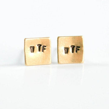 Grey Theory Mill - WTF, Hand Stamped Earrings | Brass