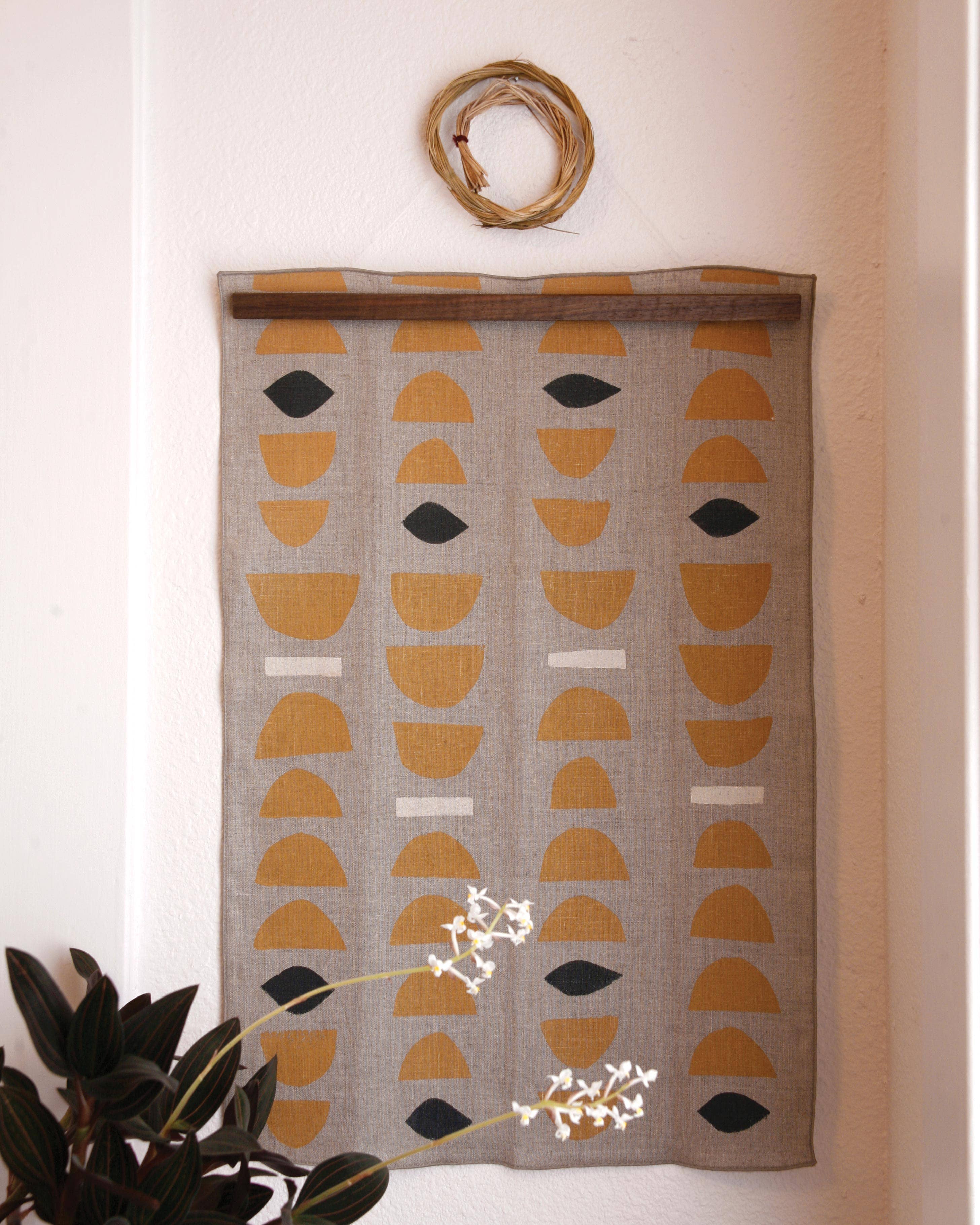 Willow Ship - &#39;Stacks&#39; Block Printed Linen Tea Towel, Ochre colorway